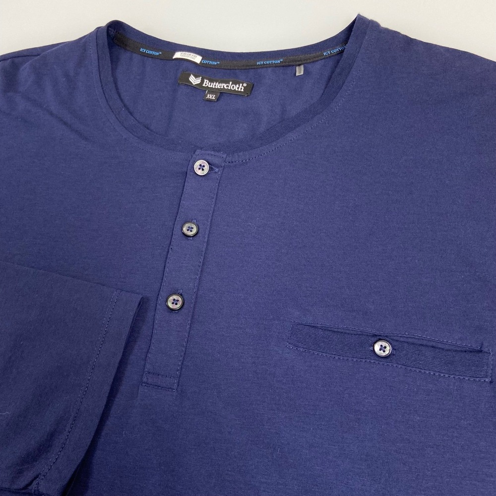 Buttercloth XXXL 3XL Mens Navy Blue Icy Cotton Henley Long Sleeve Shirt Stretch